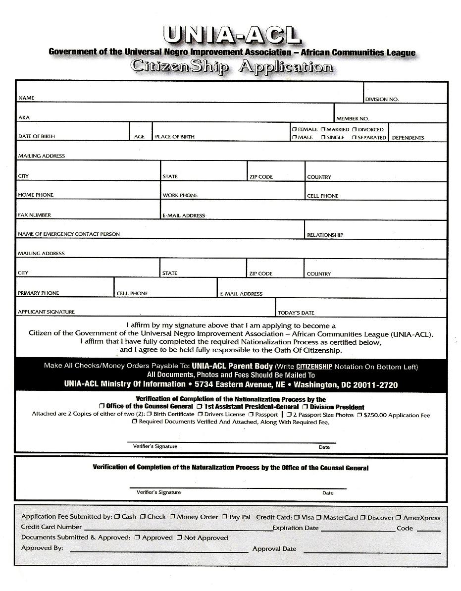 UNIA-ACL Legal Defense Committee - Application for Citizenship